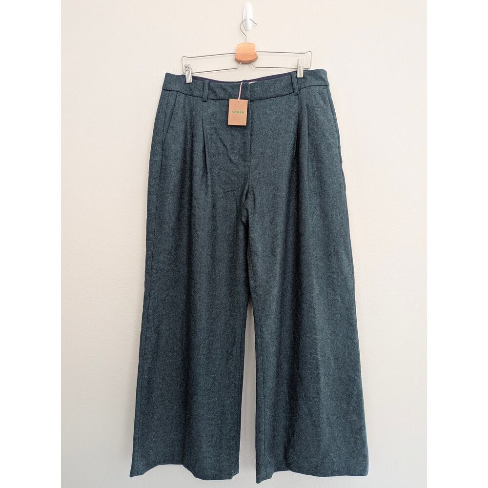 Boden Belgravia Wool Blend Pants Green Navy US 14R Regular Pleated NWT Wide Leg - Picture 2 of 10